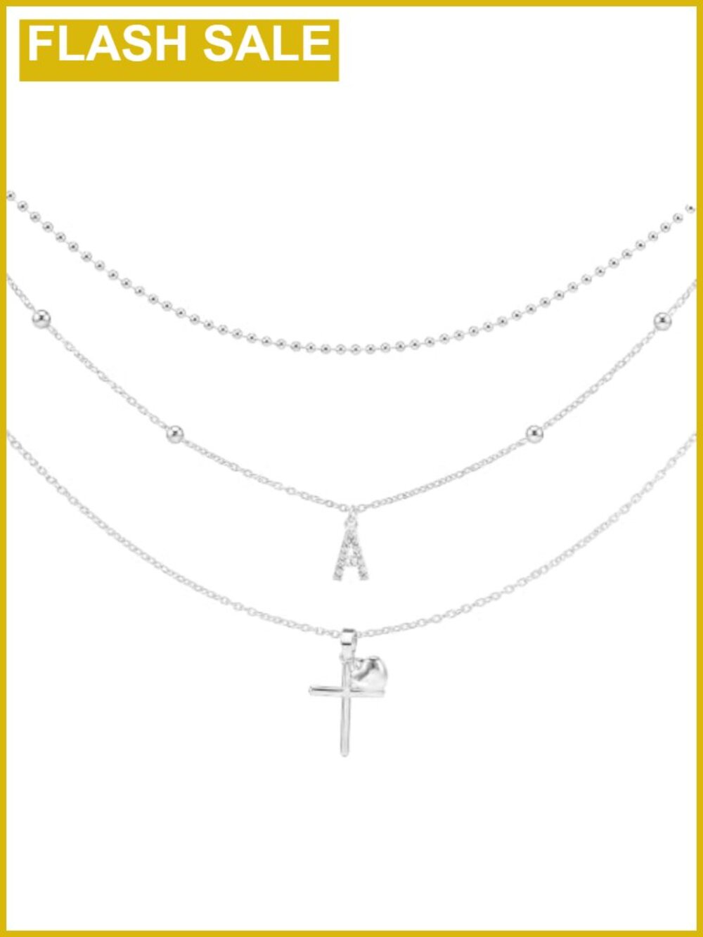 Layered Necklace Set Beaded Chain Cross Heart Pendant Brass Silver Plated